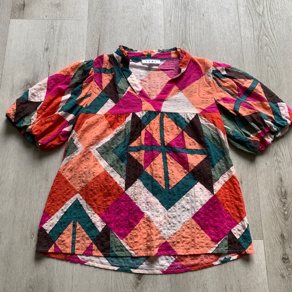 THML Amy Puff Sleeve Multi Color Geometric Top‎ Blouse XS